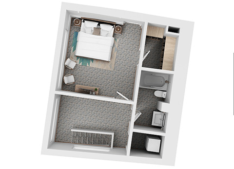 Floor plan for 1 bed, 1 bath, 557 sqft
